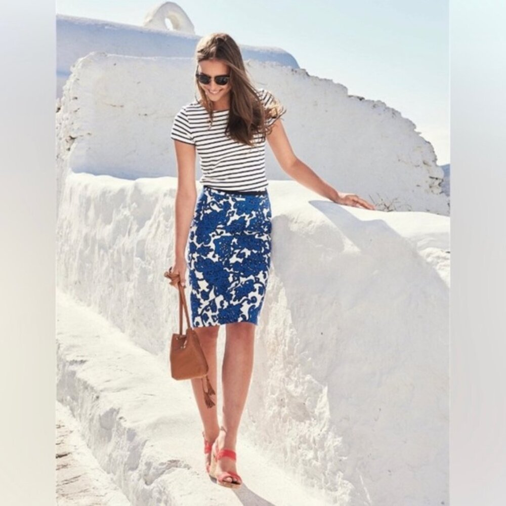 NWOT Boden Modern Pencil Skirt Floral Vine Print Blue White Size 4 Petite